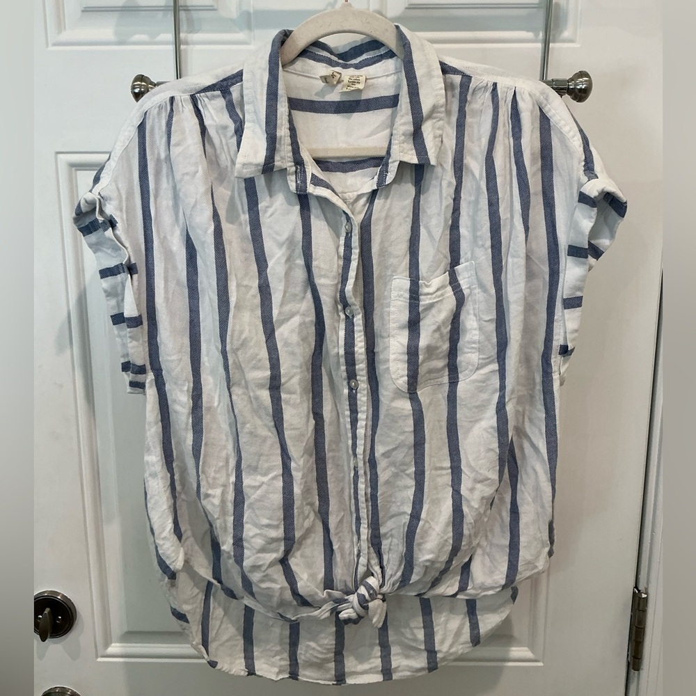 Blue and White Striped Shirt with Tie Front
